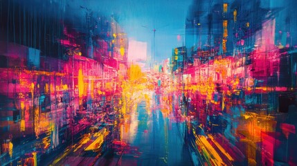 Dynamic abstract art featuring vivid colors and energetic composition portraying a vibrant cityscape at dusk