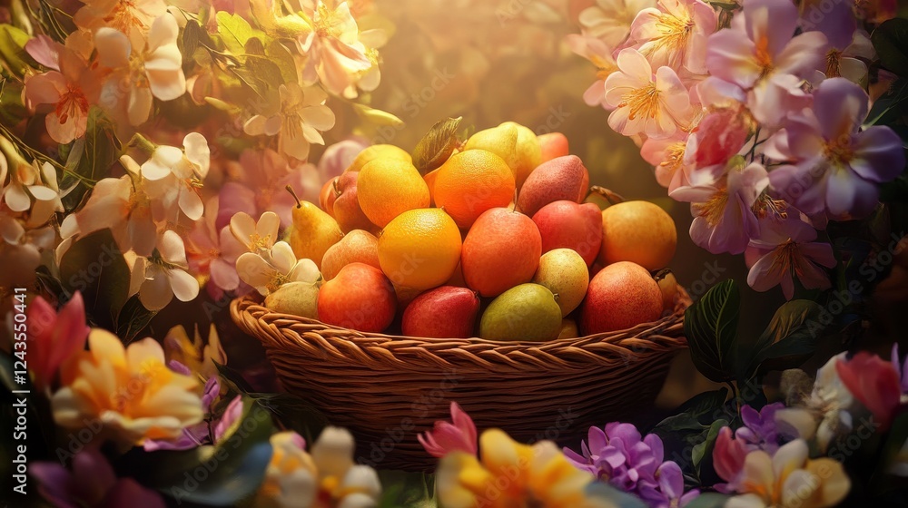 Poster glowing fruit basket surrounded by colorful flowers creating a vibrant and inviting atmosphere