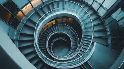 Spiral staircase inside a modern cylindrical building with glass floors