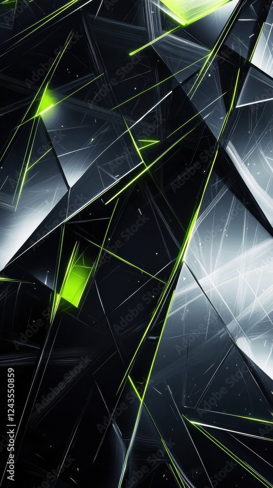 Poster futuristic abstract design featuring sharp lines and neon green highlights in a dynamic arrangement