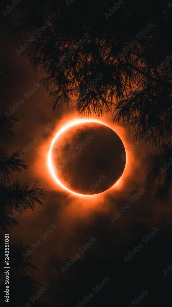 Poster glowing orange solar eclipse obscured by clouds, seen at night behind the silhouette of pine tree br