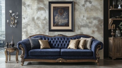 Sofa and armchair against wall with poster frame in living room