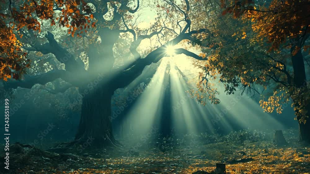 Poster sunlight filters through lush trees in a serene forest during autumn mornings
