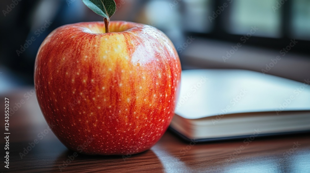 Aufkleber close-up of a fresh red apple on a wooden table beside an open notebook in a cozy study environment