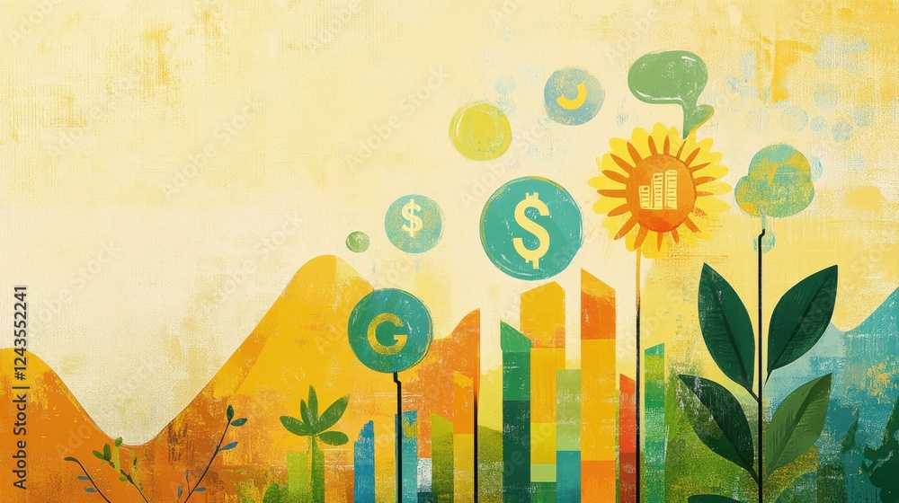 Poster Dynamic fusion of financial data showcasing growth, innovation, and sustainable development in a vibrant, colorful setting