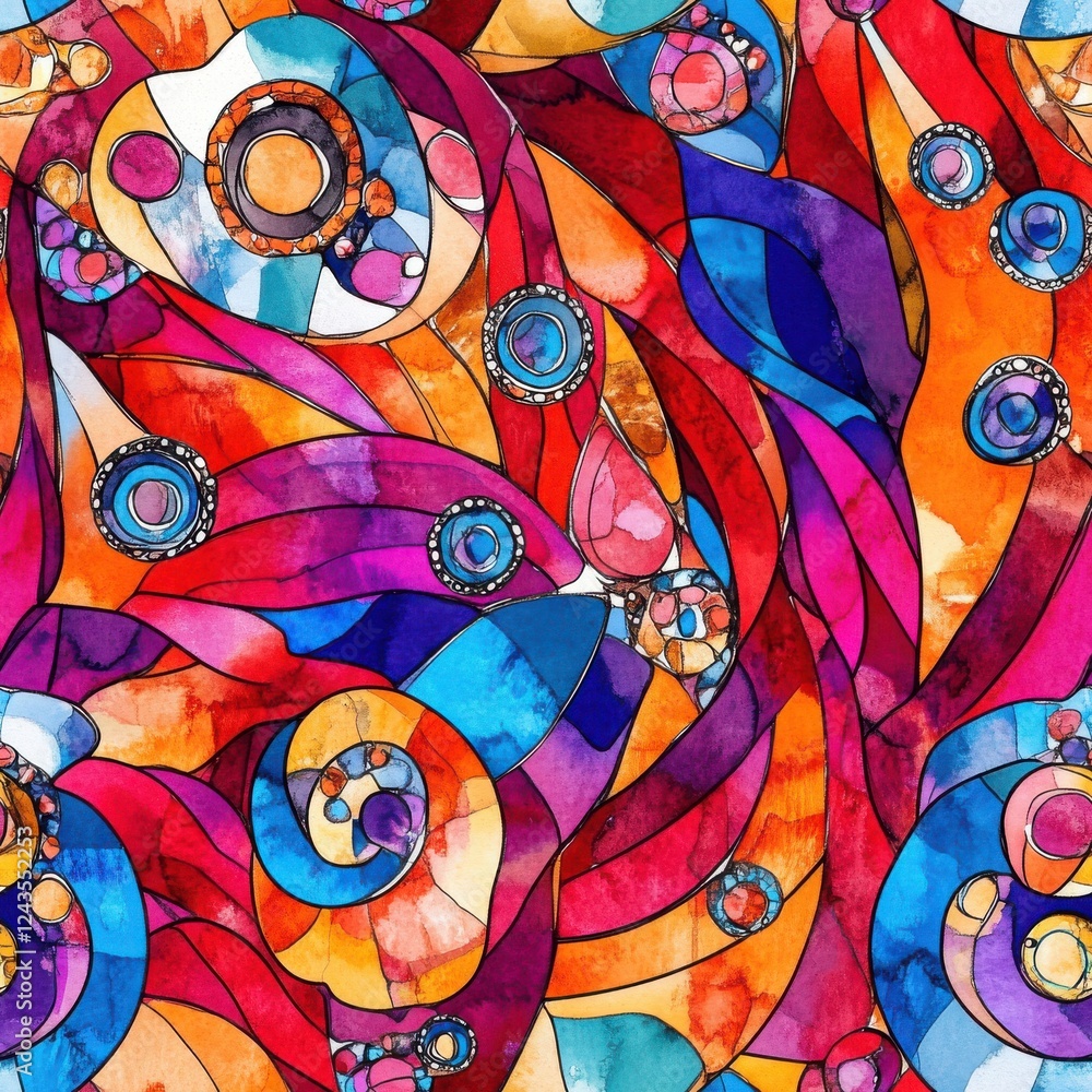 Fototapete Dynamic and colorful doodle patterns featuring abstract shapes and vibrant watercolor effects in a lively design