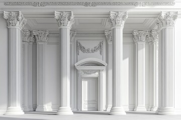 Obraz premium Neoclassical architectural facade with tall columns and intricate capitals symmetrical design with grand entrances, light and shadow accentuating depth and timeless classical beauty.