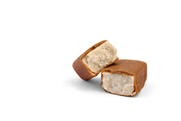 Glazed cheese in caramel chocolate isolated on white background.