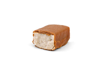 Glazed cheese in caramel chocolate isolated on white background.