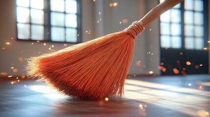 Sunlight, broom sweeping dust, sparks, spacious room
