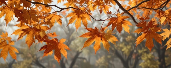 Vibrant orange maple leaves hang from a sturdy branch, swaying gently in the autumn breeze, leaf, colorful