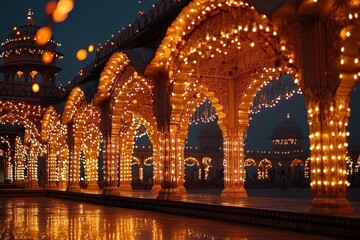 Obraz premium Red Fort illuminated with warm golden lights during evening light show glowing domes and arches creating breathtaking sight against night sky, soft reflections adding magical atmosphere.