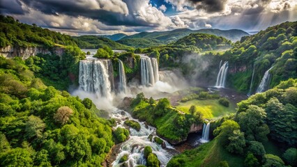 Fototapeta premium Majestic Marmore Waterfall in Umbria, Italy: Spring Aerial View on a Cloudy Day