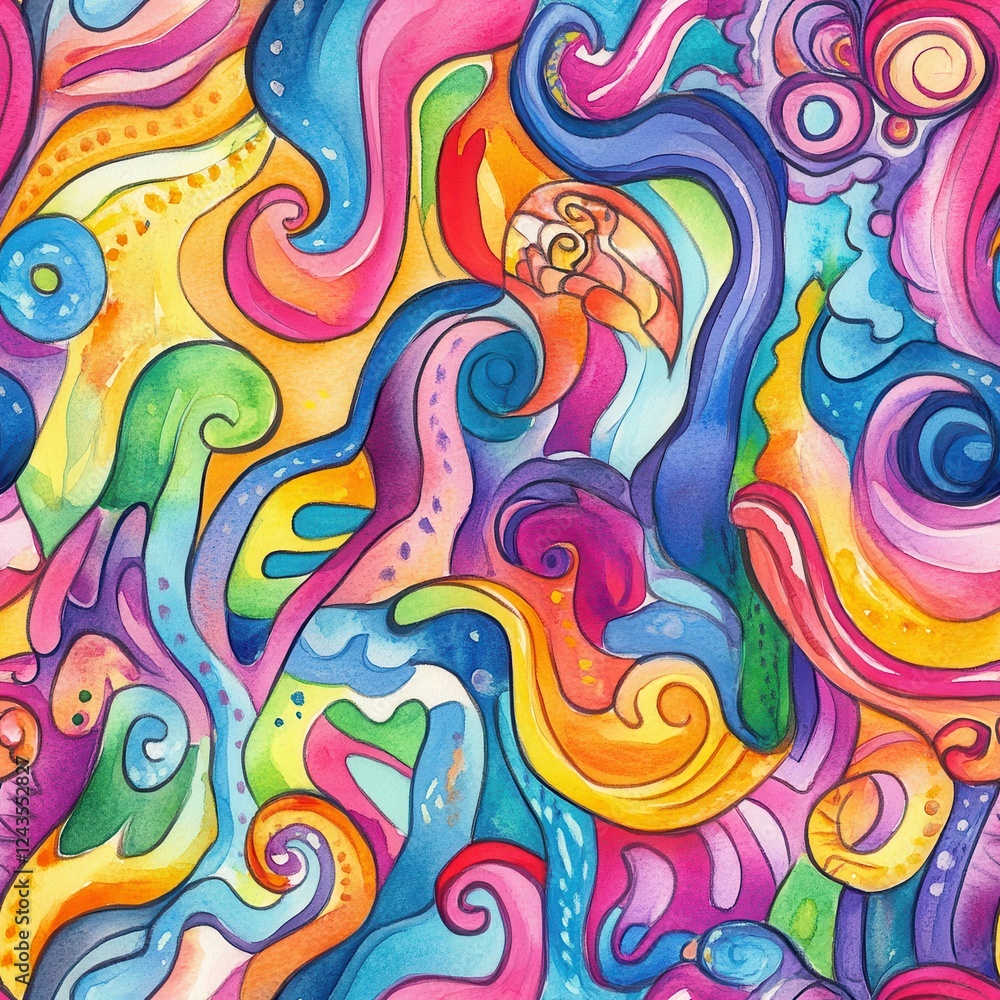 Poster dynamic watercolor doodle cartoon designs showcasing vibrant swirls and patterns in a cheerful compo