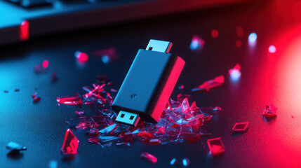 Digital security concept with flash drive and data corruption visual design for technology innovations