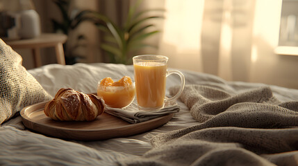 A cozy breakfast in bed: croissant, orange segments, and orange juice.