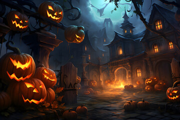 Fototapeta premium Haunted village scene with halloween pumpkins and foggy moonlight, ideal for creating a spooky ambiance for horror visuals, storytelling, and halloween decorations. Selective focus