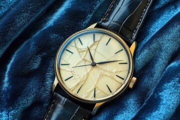Vintage Watch with Cracked Glass on Soft Blue Fabric Background