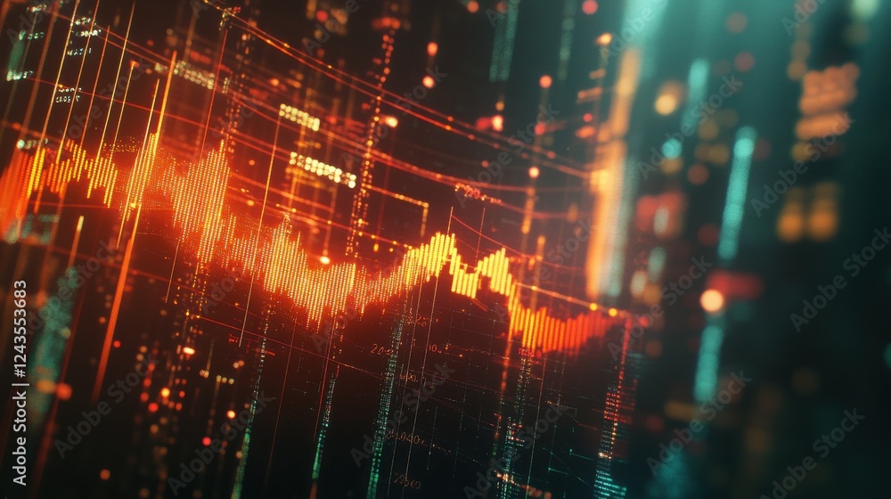 Poster predictive graphs glowing in double exposure showcasing data analysis and trends in a digital enviro