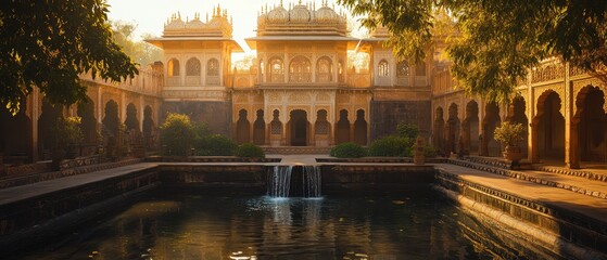 Fototapeta premium Majestic ancient temple surrounded by lush greenery and a tranquil waterfall during golden hour