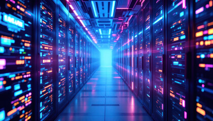 Illuminated Server Room Corridor Displays Digital Data Processing