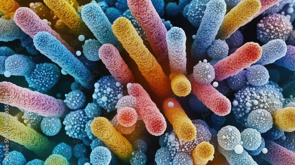 Poster colorful microbial structures under a microscope with texture detail