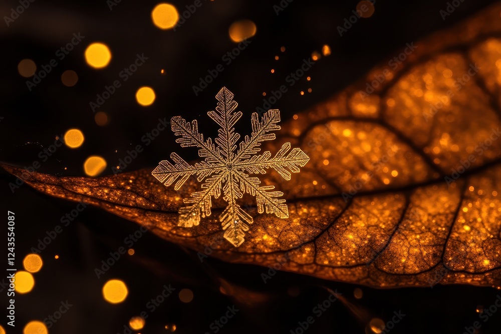 Poster delicate snowflake on a golden leaf with shimmering bokeh lights