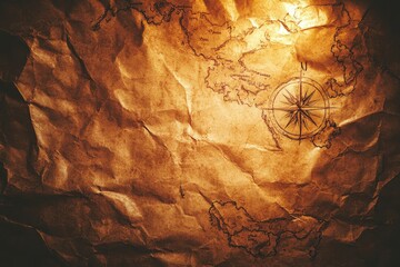 Vintage Aged Map with Compass Rose on Crinkled Paper Background