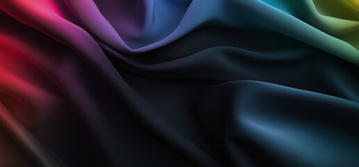 Fototapeta premium A close-up of the soft, velvety texture of an iridescent rainbow fabric set against a dark background, with delicate light reflections creating a dreamy and ethereal effect