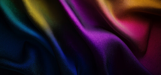 Fototapeta premium A dark, textured background with a gradient of rainbow colors, evoking modern design and fashion photography. The soft, fabric-like texture, reminiscent of silk or velvet, creates a captivating atmosp