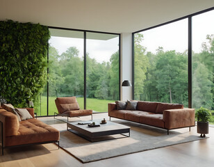 Interior of modern living room with panoramic window overlooking the countryside