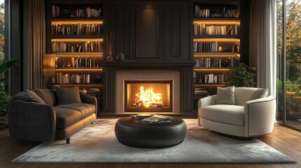 Loft interior design of modern living room. White sofa with yellow pillows against grey and stone cladding wall with wooden shelf, fireplace
