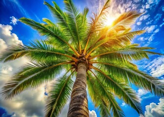 Majestic Palm Tree Against Vivid Blue Sky - Tropical Paradise Stock Photo