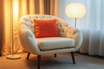Cozy Modern Armchair with Orange Pillow and Soft Ambient Lighting