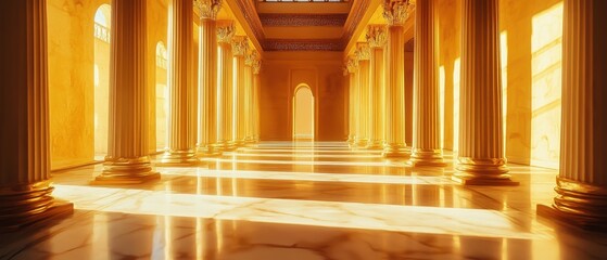 Obraz premium Majestic golden hall with tall columns and sunlit marble floor in tranquil atmosphere