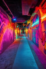 Fototapeta premium Neon-lit graffiti tunnel, vibrant colors, urban art, background darkness, perfect for posters