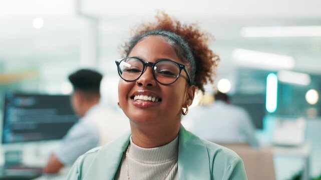 Happy woman, face and software developer with glasses for coding or app development at office. Portrait, female person or programmer with smile on technology for UI, UX or AI design and programming
