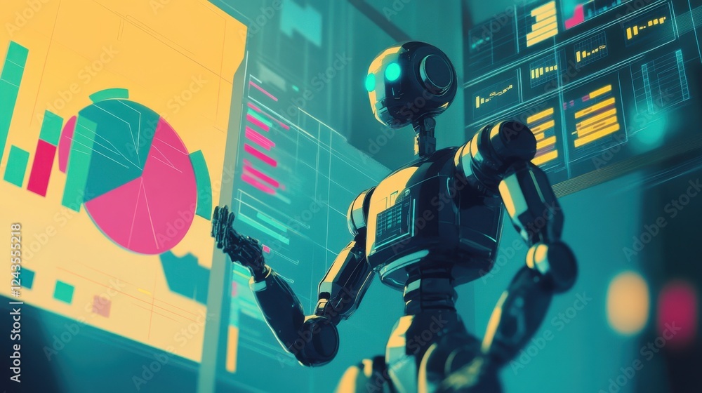 Poster creative representation of a robotic advisor engaging with data visualizations in a futuristic envir