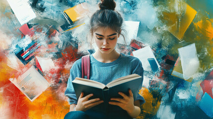 Portrait of a student with books and technology gadgets in a blended background