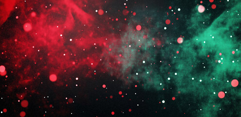 Red and green particles on a black background, with small white dots and larger red ones scattered throughout in a random pattern, centered on the screen