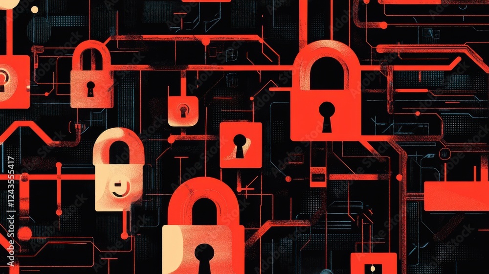Poster creative representation of secure financial systems featuring interconnected locks and circuits