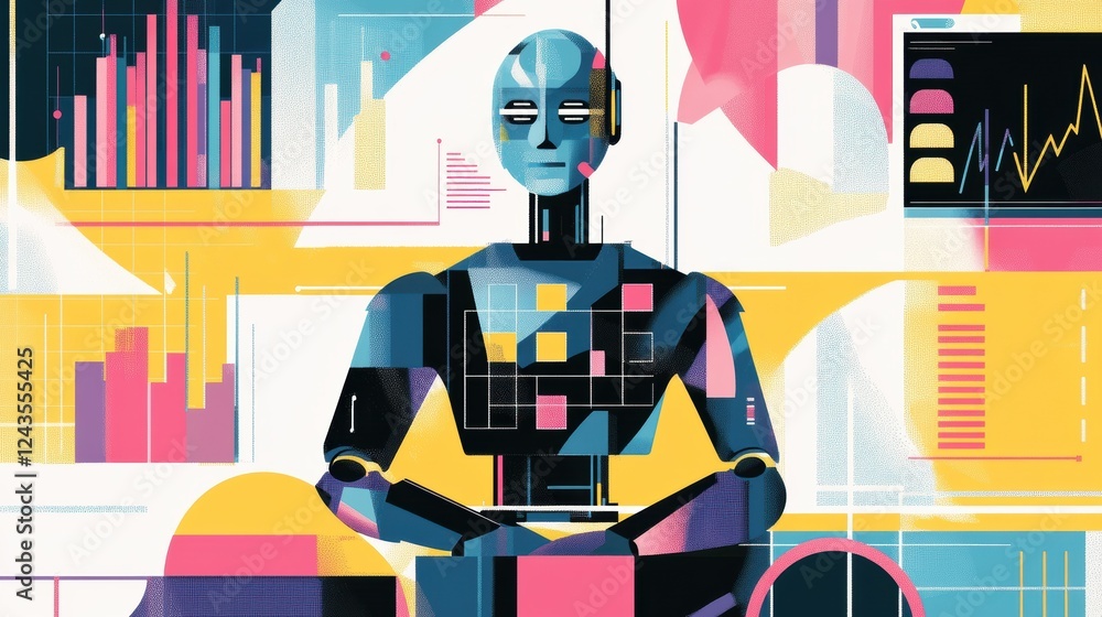 Poster creative representation of a robotic advisor seated in a colorful workspace with data visuals and gr