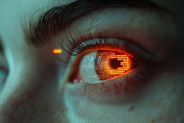  Cybernetic eye with AI interface and facial recognition features highly advanced lens scanning surroundings, displaying digital readouts, facial analysis, encrypted code streams across pupil.