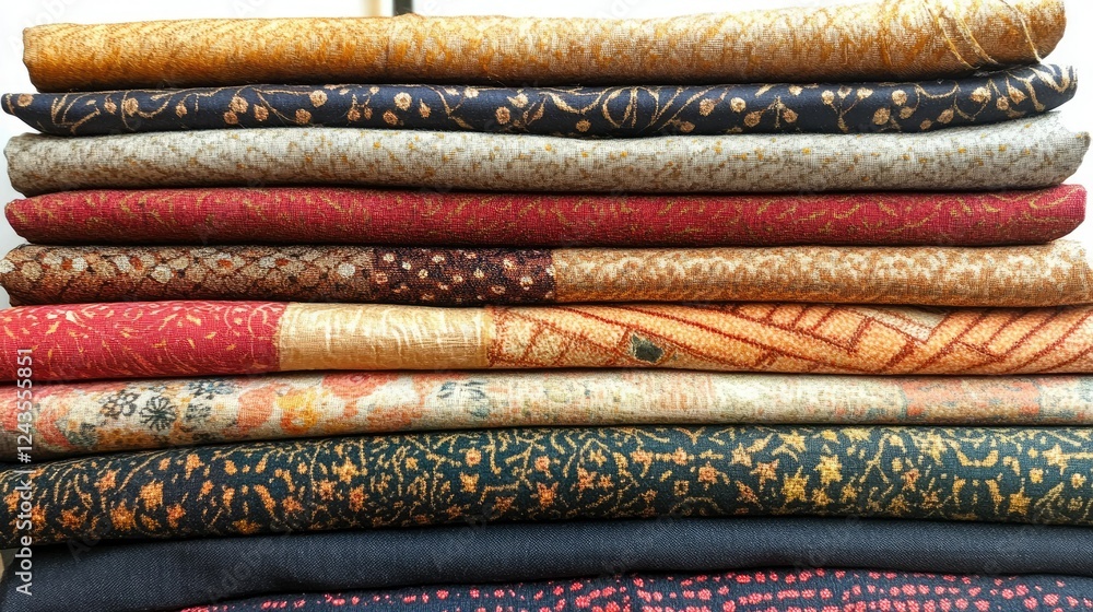 Poster colorful fabric textiles stacked neatly in a tidy arrangement