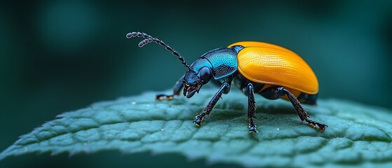 Vibrant orange and blue beetle on a leaf.