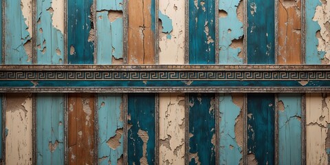 Naklejka premium Rustic Textured Wall with Faded Blue Paint and Decorative Trim Detail Full Frame