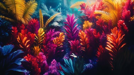 Holographic Forest with Shifting Neon Plants in a Futuristic Glow