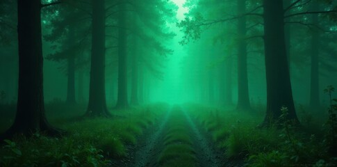 Fototapeta premium Glowing green mist shrouds forest path, night, whimsical, green, path