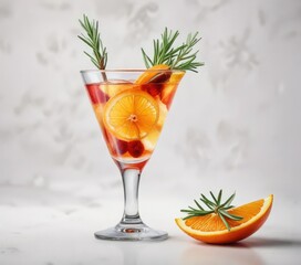 Fototapeta premium Watercolor drawing of a cocktail glass with red orange wedge and rosemary stick over a white background, unique concept, beverage art, thirst-quenching