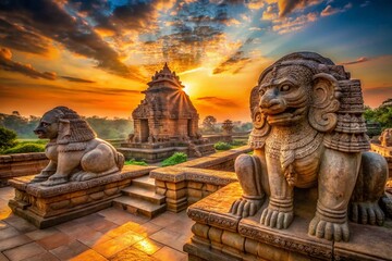 Majestic Stone Lions Guarding Konark Sun Temple Entrance - Drone View, Odisha, India